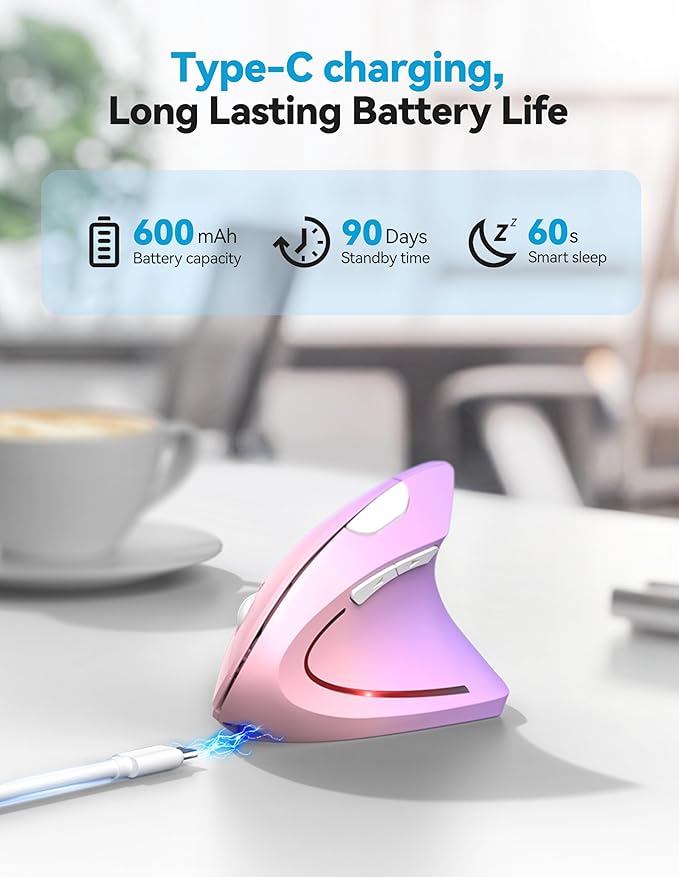 TECKNET Ergonomic Mouse Rechargeable Bluetooth - 4800 DPI Vertical Mice 6 Adjustable Levels, Wireless Optical Carpal Tunnel Mouse Right Hand, Multi Device for Laptop, PC, Computer - Pink Purple