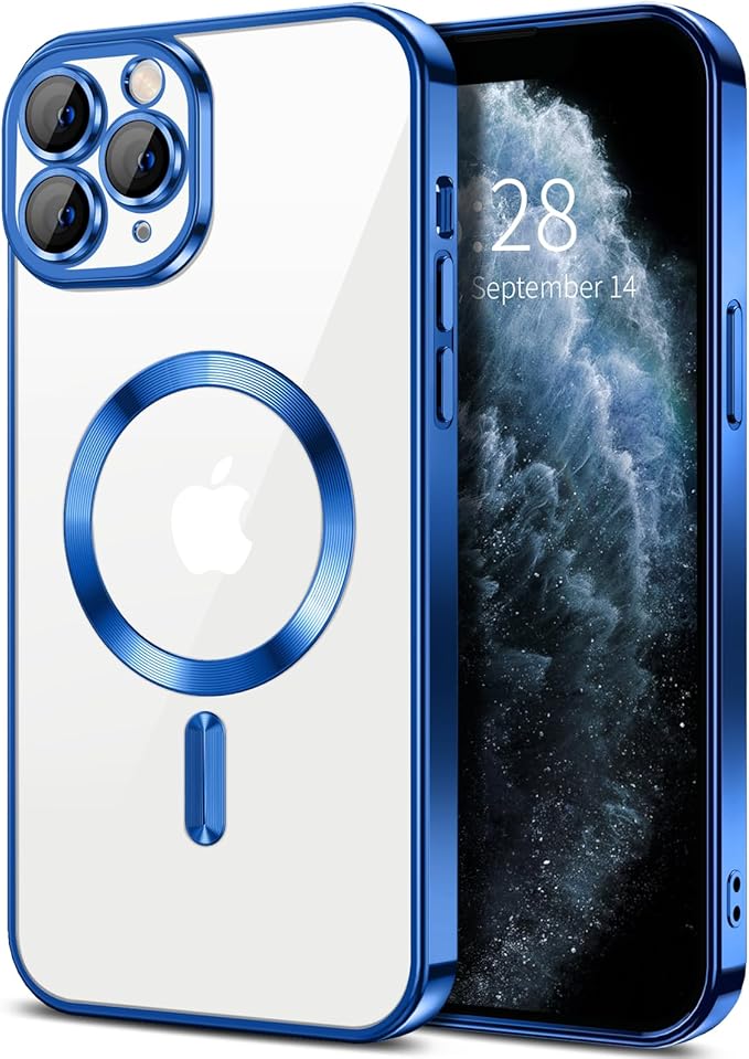 Hython Magnetic Clear for iPhone 11 Pro Case with Camera Lens Protector [Compatible with MagSafe] Luxury Plating Edge Slim Soft TPU Cover Protective Phone Case for iPhone 11 Pro 5.8", Deep Blue