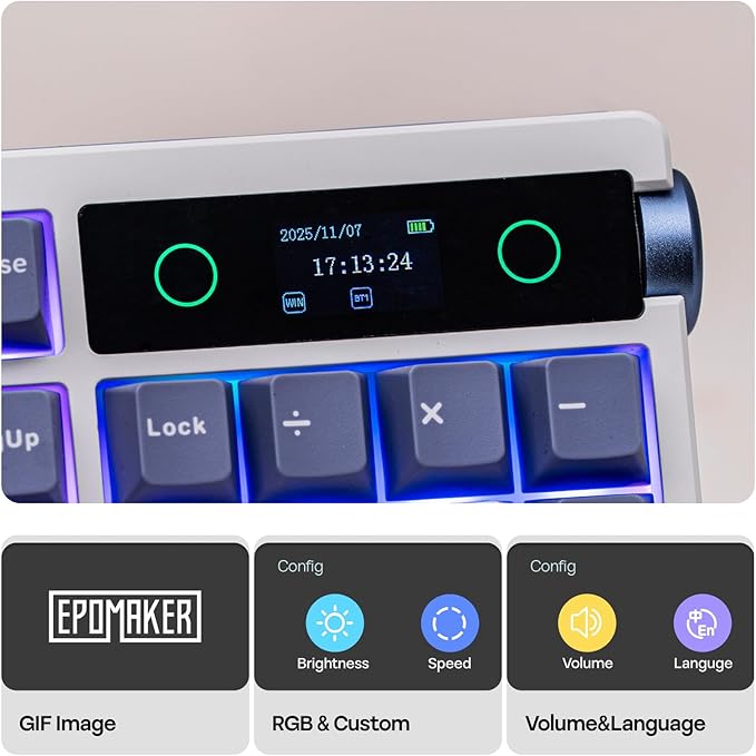 EPOMAKER TH108 PRO Full Size Mechanical Keyboard with Screen & Knob, Wireless Gaming Keyboard with 10000mAh, Creamy Gasket, Hot Swap, Custom Driver, RGB Backlight (White, Sea Salt Silent)