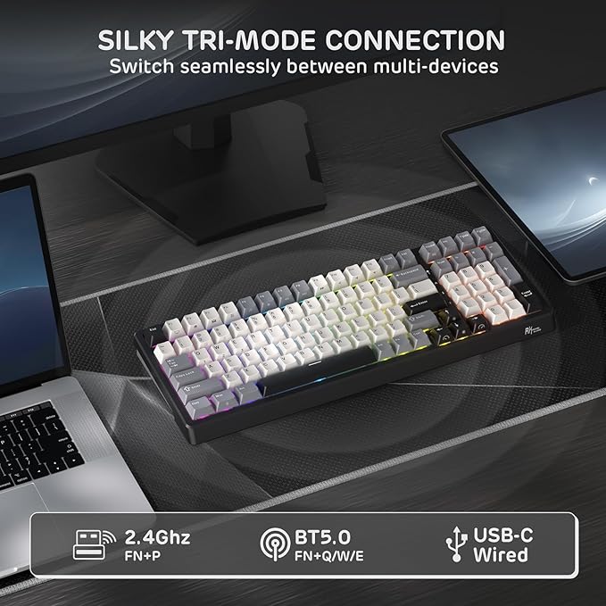 RK ROYAL KLUDGE F99 Wireless Mechanical Keyboard with Numper Pad, Tri-Mode Hot Swappable 95%100 Keys Gaming Keyboard BT/2.4G/USB-C, Pro Software, 5000mAh Battery, Customed Silent Switches