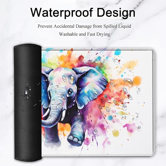 Large Mouse Pad, 31.5 x 11.8in Extended Gaming Mouse Pad with Stitched Edges, XXL Mousepad Protector Non Slip Rubber Base for Office and Home Writing Mat, Painted Cute Elephant Pattern White Desk Mat