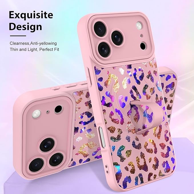 KANGHAR Compatible with iPhone 17 Pro Case, Support for MagSafe, Silicone Cute Iridescent Leopard Cheetah Pattern, Wristband Kickstand Shockproof Protective Slim Cover for Women Girls, Pink