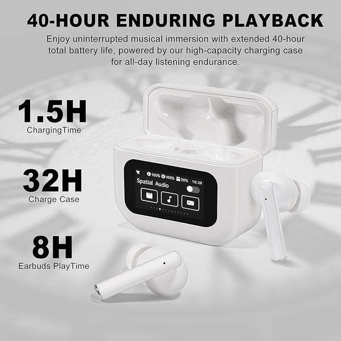 Wireless Earbuds, Bluetooth 5.4 Ear Buds with Touch Screen, ANC/ENC Noise Cancelling Earbuds with Charging Case, IPX7 Waterproof, 6 EQ Modes, 40H Playtime Stereo Sound Earphones for iOS Android(White)