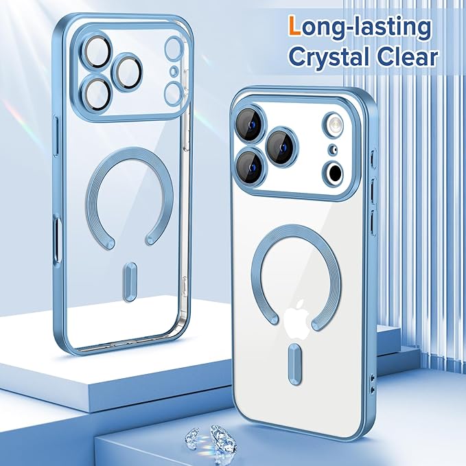 Hython Magnetic Clear for iPhone 17 Pro Case with Camera Lens Protector [Compatible with MagSafe] Luxury Plating Edge Slim Soft TPU Cover Protective Phone Case for iPhone 17 Pro, Matte Light Blue