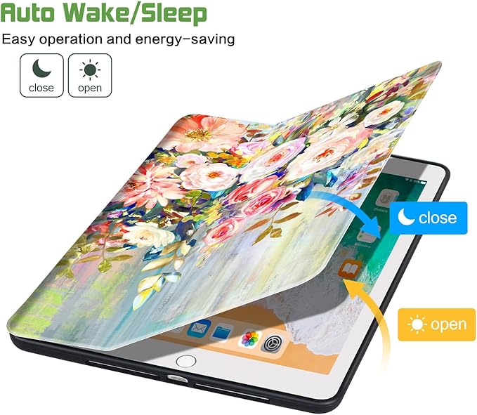 for iPad Air 2/1 Case 2014/2013, for iPad 5Th/6Th Generation Case 2017/2018, Slim fit iPad Cases 5th/6Th Generation 9.7-inch, 4 Viewing Angles/Typing Stand/Pencil Holder, Oil Painting Flowers
