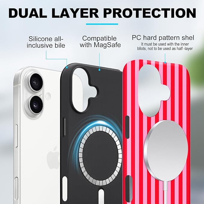 Magnetic for iPhone 17 Case Cute Stripes Phone Case, Shockproof Slim TPU and Hard PC Protective Phone Cover Compatible with MagSafe Designed for Women Girls, Pink and White
