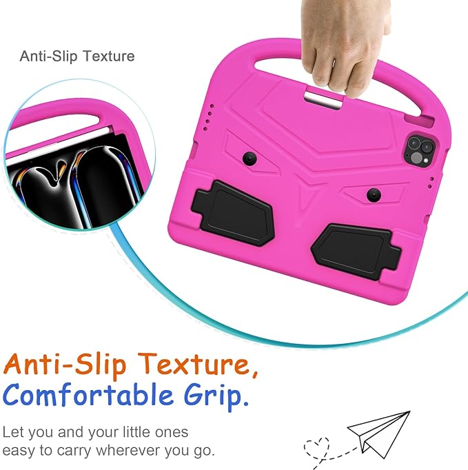 Kids Case for iPad Pro 11" M5 2025/M4 2024 & iPad Air 11" M3 2025/M2 2024, Techcircle Child Shock Proof EVA Protective [Support Pencil Charging] Handle Stand Cover, Pink