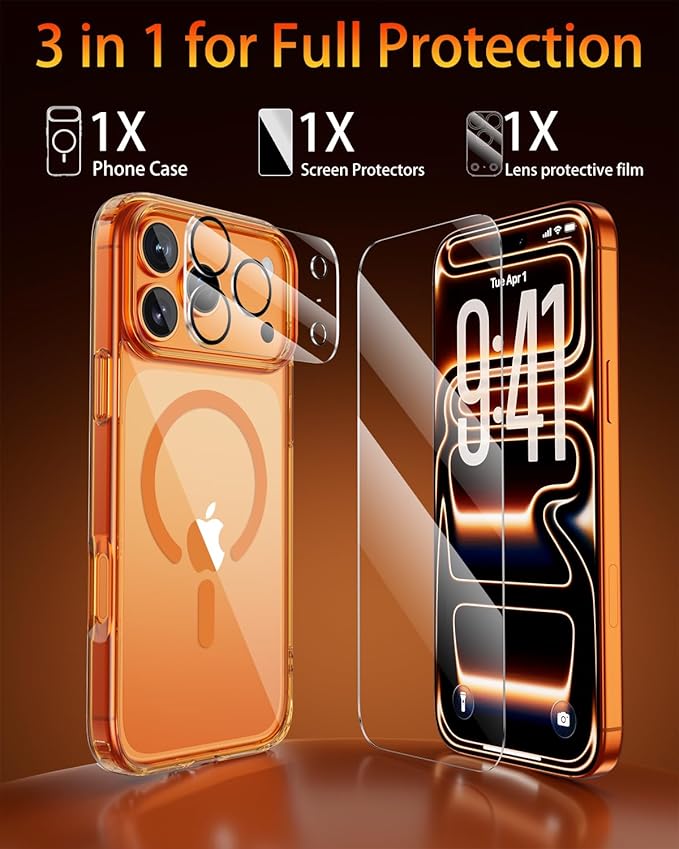 for iPhone 17 Pro Case, Compatible with MagSafe, Magnetic Slim Cover, Anti-Yellowing & Shockproof, Full Camera Protection, Includes Screen & Lens Protectors, Clear Orange Protective Case