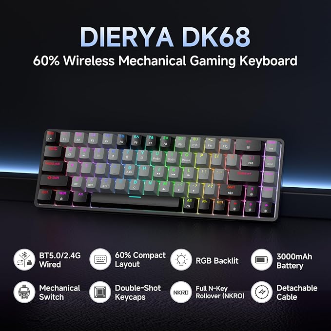 DIERYA DK68 60% Wireless Mechanical Gaming Keyboard, 3 Modes Bluetooth/2.4G/USB-C with Clicky Blue Switch, RGB Backlit, Anti-Ghosting, 68-Key Compact mini Keyboard for Windows/macOS/Linux- Black/Grey