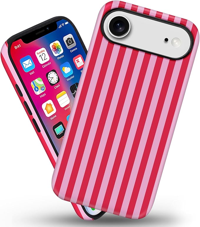 Magnetic for iPhone 17 Air Case Cute Stripes Phone Case, Shockproof Slim TPU and Hard PC Protective Phone Cover Compatible with MagSafe Designed for Women Girls, Pink and White