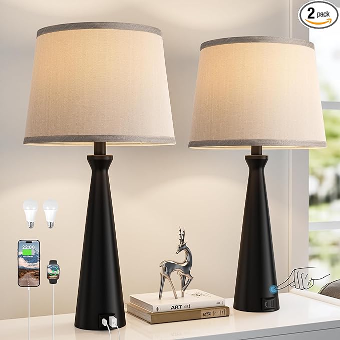 Seealle Modern Table Lamps Set of 2 - Touch Bedside Lamp for Nightstand with Dual USB C+A,3-Way Dimmable Nightstand Lamps for Living Room Bedroom End Table with Grey Shade(Bulb Included)