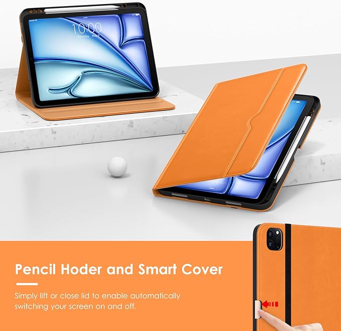VIKESI Case for iPad Air 13 inch (M4) 2026 / (M3) 2025 / (M2) 2024,Premium Leather Folio,Apple Pencil Holder,Auto Sleep/Wake,Stand Cover - Orange