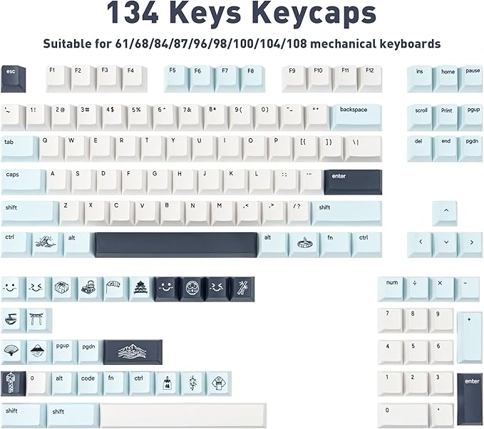 Custom Blue PBT Keycaps 134Keys - Cherry Profile Dye-Sublimation Japanese Style Keycaps Minimalist Cute Keycap Set Cherry MX Switches Mechanical Gaming Keyboard 60% 75% 100%