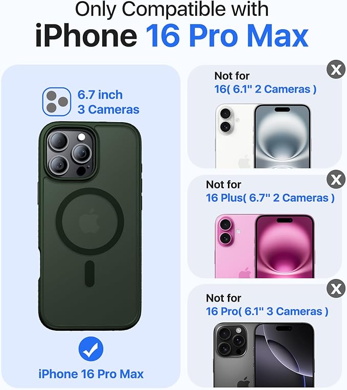 Magnetic for iPhone 16 Pro Max Case[Compatible with MagSafe][Military-Grade Drop Protection][Anti-Yellowing] Shockproof Translucent Matte Cover for iPhone 16 Pro Max Phone Case,Forest Green