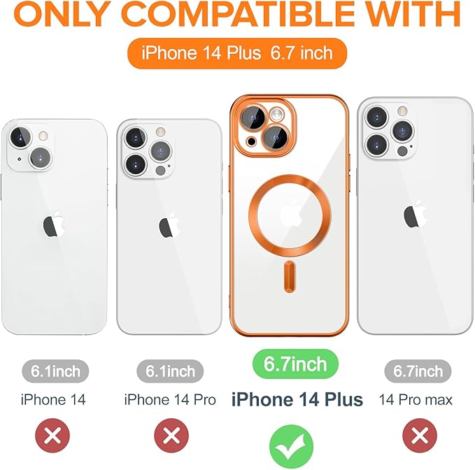 Hython Magnetic Clear for iPhone 14 Plus Case with Camera Lens Protector [Compatible with MagSafe] Luxury Plating Edge Slim Soft TPU Cover Protective Phone Case for iPhone 14 Plus 6.7", Matte Orange