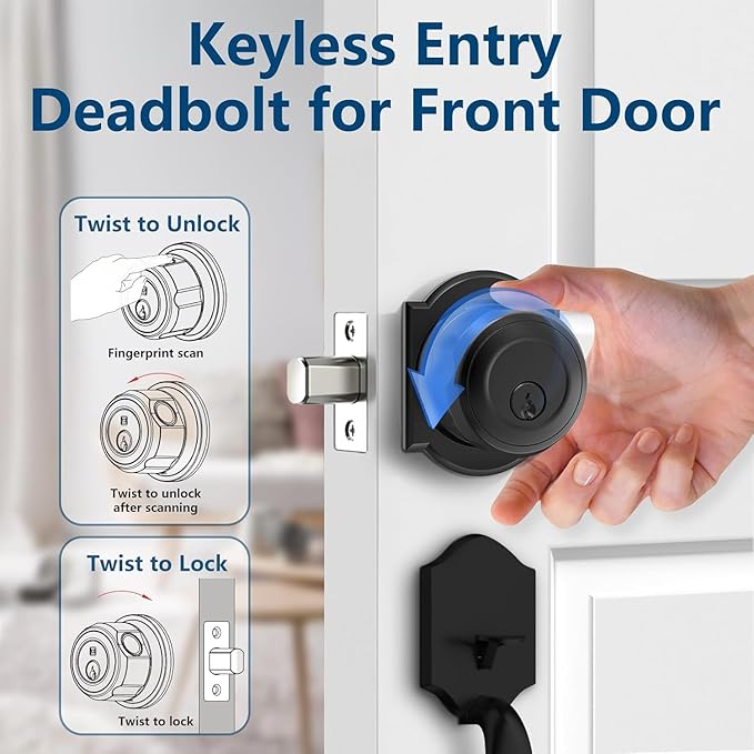 GeekTale Fingerprint Deadbolt, Fingerprint Door Knob, Smart Deadbolt Lock, Smart Door Lock, Twist to Lock&Unlock, Keyless Entry Door Lock with App, for Front Door, Garage, Easy Installation