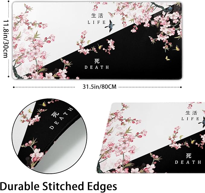 Black and White Cherry Blossom Gaming Mouse Pad XL，Extended Large Mouse Mat Desk Pad,Japanese Pink Sakura Death Life Long Non Slip Rubber Base Mice Pad 31.5 X 11.8 Inch