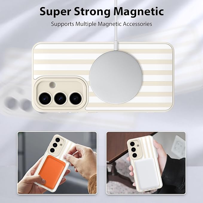 KANGHAR Compatible with Samsung Galaxy S25 Case, Support for MagSafe, Silicone Stripes Cute Pattern, Wristband Kickstand Camera Protection Soft Slim Cover for Girls Women -White
