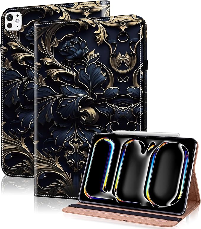Case for iPad Pro 13 inch (M5/M4) 2025/2024, Premium Leather Folio Stand Protectors Cover with Auto Wake/Sleep, Pencil Holder, Hand Strap and Card Slots - Blue Flower