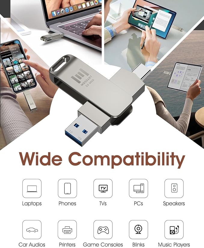 MOSDART 64GB USB C 3.2 Fast Speed C and A Dual Flash Drive, exFAT Memory Stick with Keychain Loop, for iPhone 15,16,17, Android Phone, iPad, MacBook, Silver
