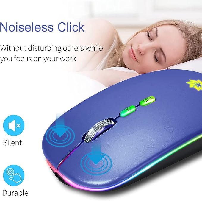 KBCASE Wireless Mouse, LED Wireless Mouse for Laptop, Slim Silent Mouse 2.4G Rechargeable Wireless Computer Mouse for Laptop, MacBook, iPad, Chromebook, with USB & Type-c Receiver