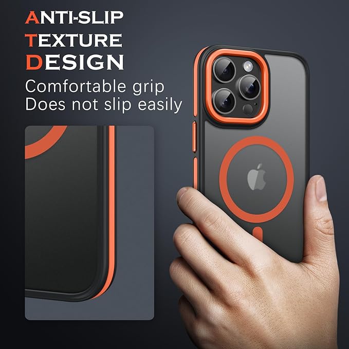 YINLAI Case for iPhone 16 Pro Max, Magnetic Case [Compatible with Magsafe] Supports Wireless Charging Slim Translucent Matte Men Women Shockproof Protective Back Phone Cover 6.9 Inch, Black/Orange
