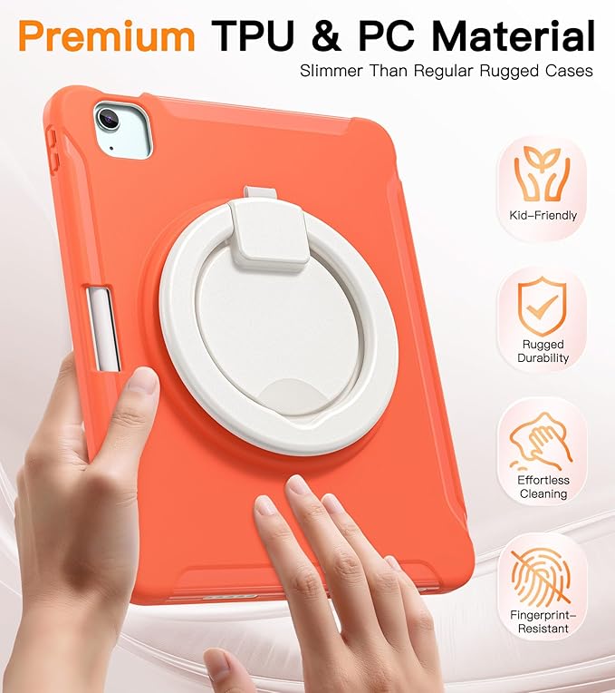 BATYUE Shockproof Case for iPad Air 11" M2/M3/M4, Air 4/5 10.9", iPad Pro 11" 1st-4th Gen 2018-2022 | 360° Multi-Angle Stand (Portrait & Landscape) & Grip, Built-in Pencil Holder, Coral Orange