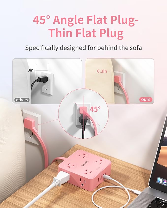 Extension Cord with Multiple Outlets, SMALLRT Power Strips with Surge Protection, 6.5FT Flat Plug Power Strip with USB Ports, 8 Outlets, Outlet Extender Surge Protector Outlet for Home Office, Pink