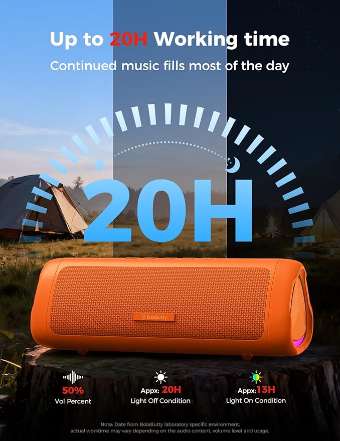 BolaButty Bluetooth Speaker Portable Wireless, IPX5 Waterproof, Up to 20H Playtime, TWS Pairing, BT5.3, for Home/Party/Outdoor/Camping/Beach Essentials, Birthday Gift (Orange)