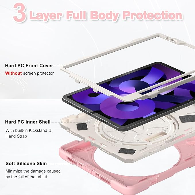 BATYUE Case for iPad Air 11-inch M4 (2026)/ M3 (2025) / M2 (2024), iPad Air 5th/4th 10.9 inch(2022/2020), iPad Pro 11" 4th/3rd/2nd/1st Gen Case (2022/2021/2020/2018) with Pencil Holder & Strap, Pink