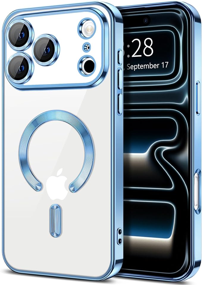 Hython Magnetic Clear for iPhone 17 Pro Case with Camera Lens Protector [Compatible with MagSafe] Luxury Plating Edge Slim Soft TPU Cover Protective Phone Case for iPhone 17 Pro 6.3", Light Blue