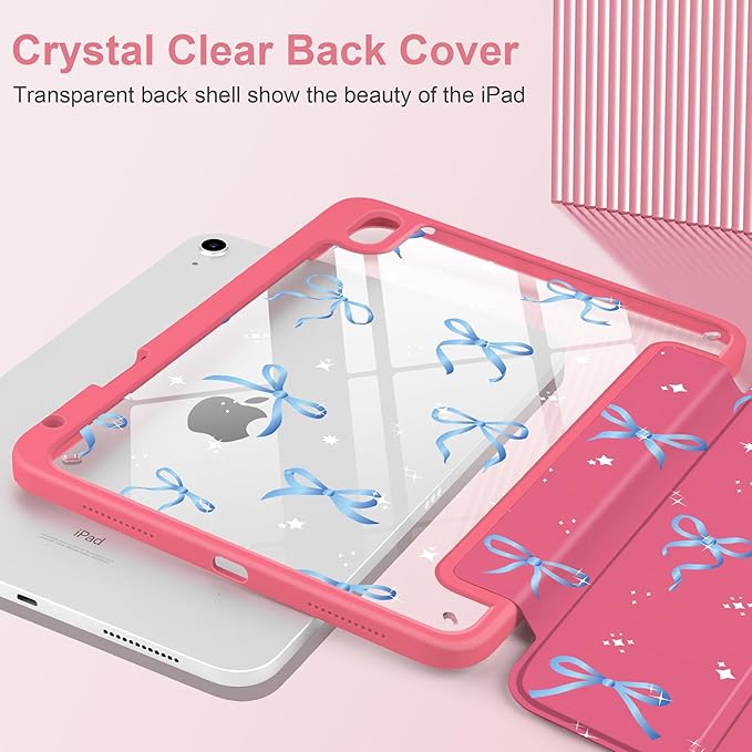 Case for iPad Air 13 inch 2026 M4 2025 M3 2024 M2 Release Slim Lightweight Shockproof Cute Hot Pink Cover with Clear Back TPU Edge Pencil Holder Trifold Stand Auto Wake Sleep, Ribbons