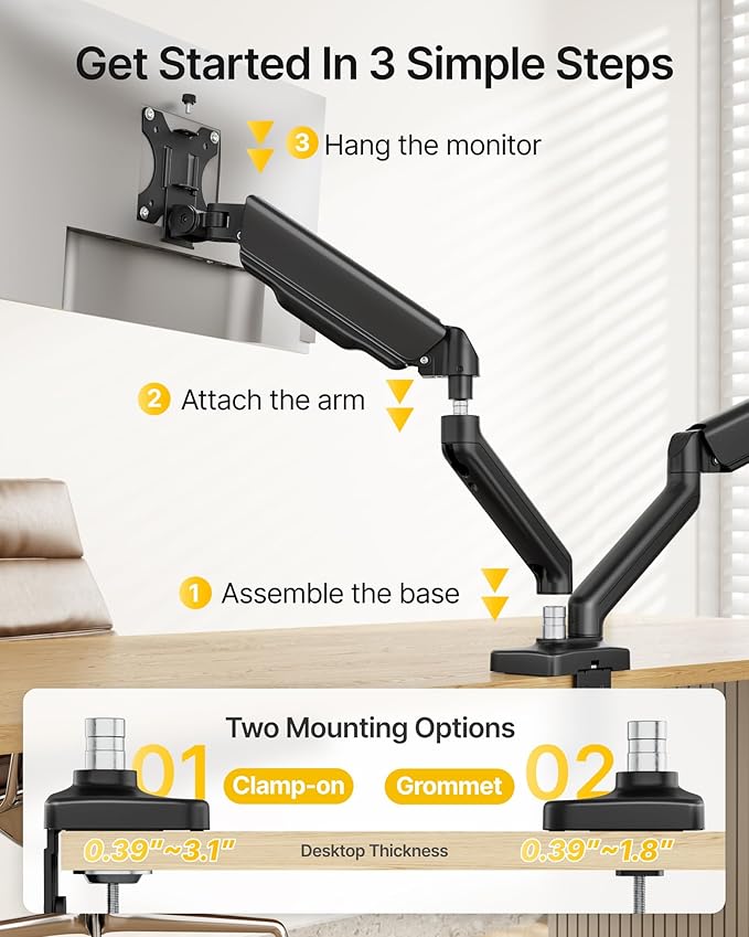 monTEK Heavy Duty Dual Monitor Arm with USB/Audio Ports for 17-32” Screens, Premium Mechanical Spring Monitor Arm up to 19.8 lbs, Full Motion Monitor Desk Mount, VESA 75/100 mm, Clamp/Grommet
