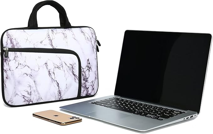 14 15 15.4 15.6 inch Laptop Handle Bag Computer Protect Case Pouch Holder Notebook Sleeve Neoprene Cover Soft Carrying Case with Extra Pockets For Dell Lenovo HP Chromebook (White Marble)