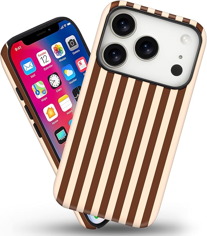 Magnetic for iPhone 17 Pro Max Case Cute Stripes Phone Case, Shockproof Slim TPU and Hard PC Protective Phone Cover Compatible with MagSafe Designed for Women Girls, Brown