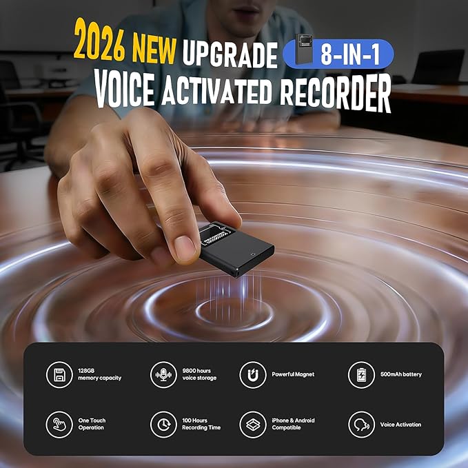 128GB Magnetic Voice Activated Recording Device - BUKUCCETA (18800 Hour) Digital Voice Recorder with AI Noise Reduction, Portable Audio Recorder for Lectures, Meetings, and Interviews