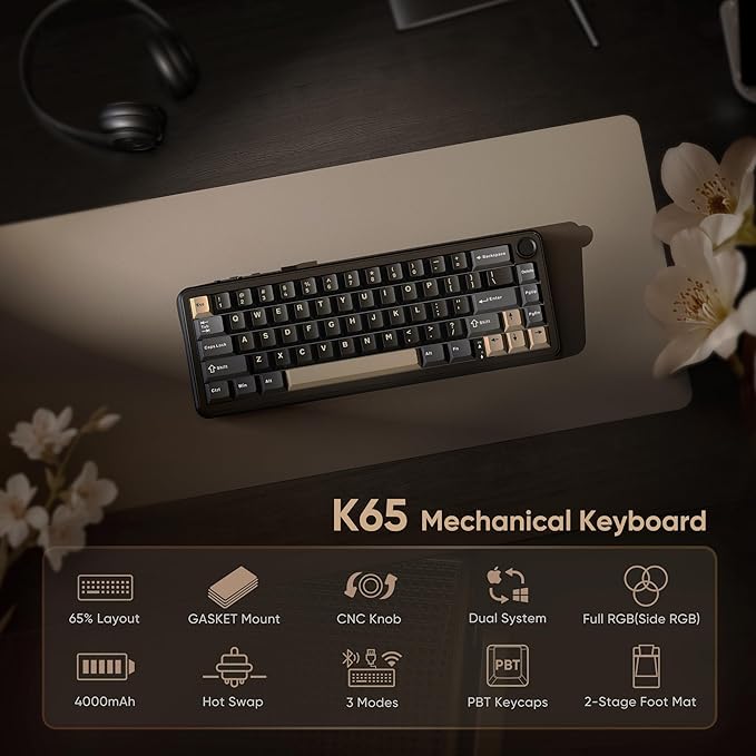 RedThunder K65 Wireless Mechanical Keyboard, CNC Knob, Tri-Mode BT5.0/2.4GHz/USB-C Hot Swappable Custom, Pre-lubed Linear Coconut Switches, Gasket Structure, RGB Gaming Keyboard, Black-Gold