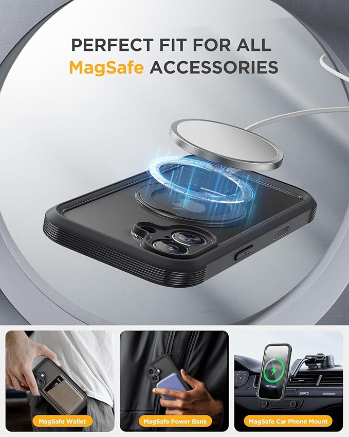 Miracase for iPhone 17 Case with 360° Magnetic Ring Stand [Compatible with Magsafe] Full-Body Drop Proof Bumper Phone Case with Built-in 9H Tempered Glass Screen Protector,Black