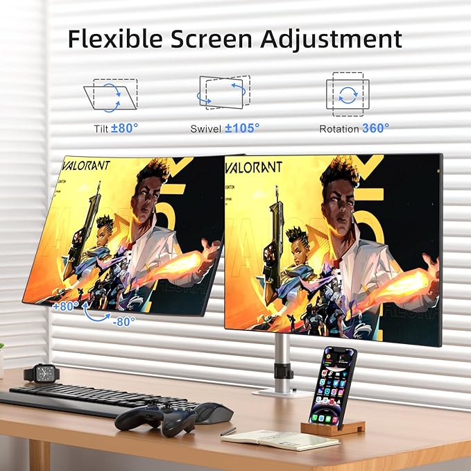 Suptek Dual Monitor Desk Mount, Adjustable Dual Monitor Arm for 2 Monitor Screens up to 43 inch, 15.75" Pole Monitor Stand for Desk, Holds up to 22 lbs,Silver(MD9442LS)
