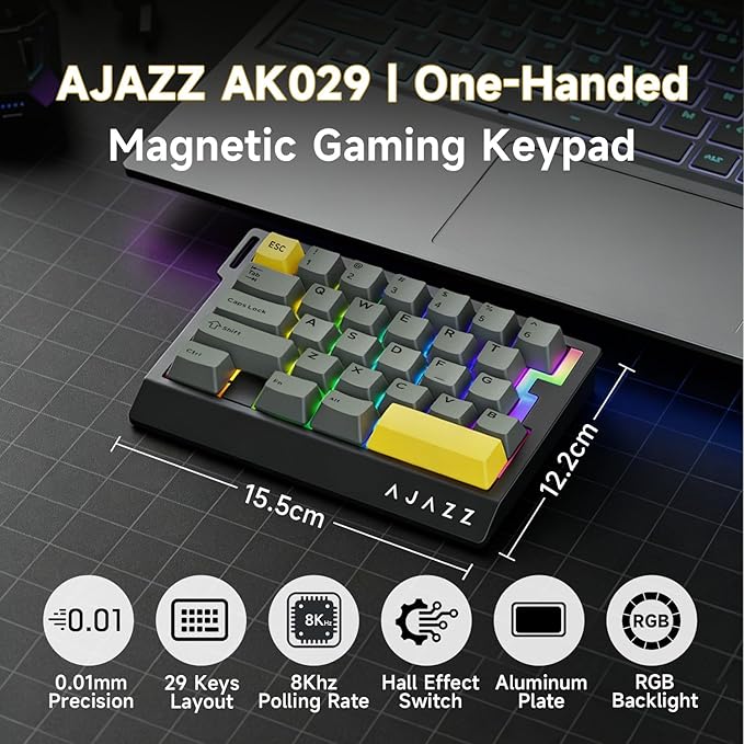 AJAZZ AK029 One-Handed Gaming Keyboard, 29 Keys Wired Keypad, SOCD & DKS, Magnetic Switch, 8KHz Polling, Web Driver Customizable, Portable for Editing/Travel, Aluminum Plate, Black Gray