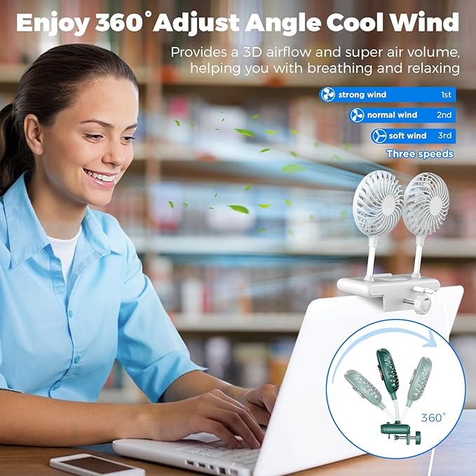 Energy-saving small fan with amp Light Bar Two-Head Personal Cooling Quiet USB Fan Flip-Open light, Level 3 brightness 3 Wind Speed for Working/Self Broadcasting (Forest Green)