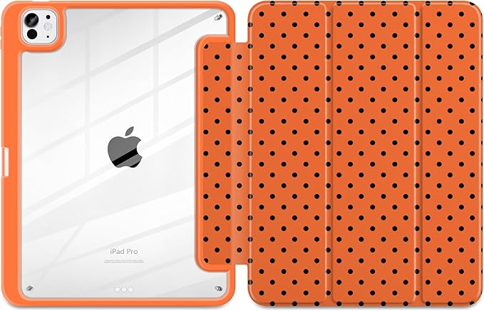 Case for iPad Pro 11 Inch (M5 2025 M4 2024) – [Built-in Pencil Holder], Shockproof & Stylish, Clear Hard Back + Soft TPU Edge, Magnetic Trifold Stand, Auto Wake/Sleep, Orange Polka dot