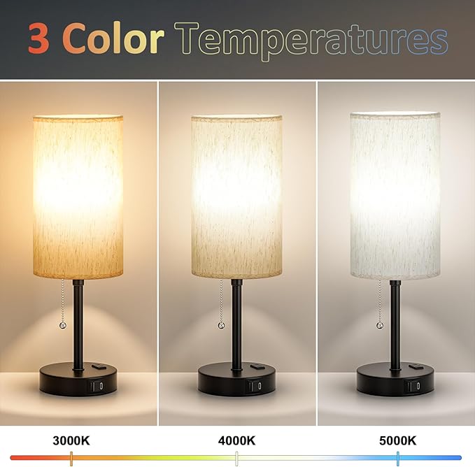 PartageiZ Pull Chain Table Lamp for Bedroom - 3 Color Temperatures, USB A + C Charging, AC Outlet, 17.4 inch Tall Bedside Lamp with E26 LED Bulb