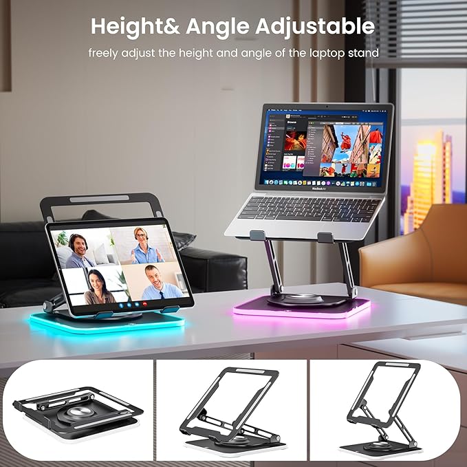 JOYEKY Adjustable Laptop Stand with RGB Lighting,Aluminum Ergonomic Computer Stand with 360° Rotating Base,Foldable & Portable Laptop Riser, Suitable for All 10-16” Laptops