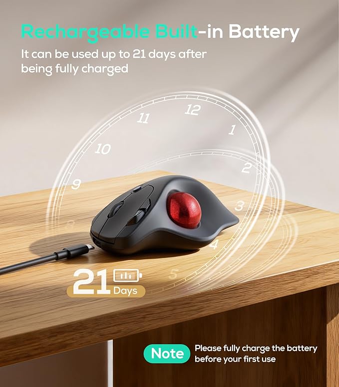 Nulea M511 Wireless Trackball Mouse, Rechargeable Ergonomic Thumb-Control Mouse with Tilt Stand, Smooth & Precision Tracking, 3 Device Connection (Bluetooth or USB Receiver), for PC/Mac/Laptop-Red