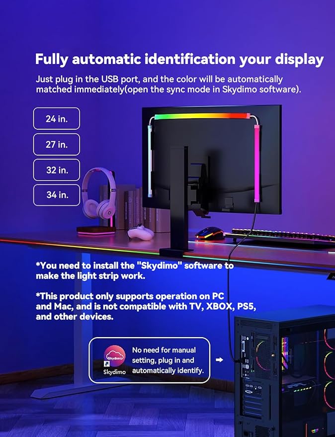 Monitor LED Backlights for PC & Mac, RGBIC LED Strip Lights that Sync with Screen Color or Music, Computer Light Bar Behind Monitor, LEDs for Desk Gaming, USB Port, Software Control (24 in)