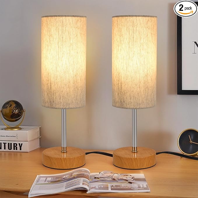 RISLG 2 Pack Small Table Lamps, Bedside Lamps for Nightstand with Wire Switch, Modern Minimalist Desk Lamp with Linen Fabric Shade for Dorm Kids Room Living Room Office Bedroom, Bulb Included