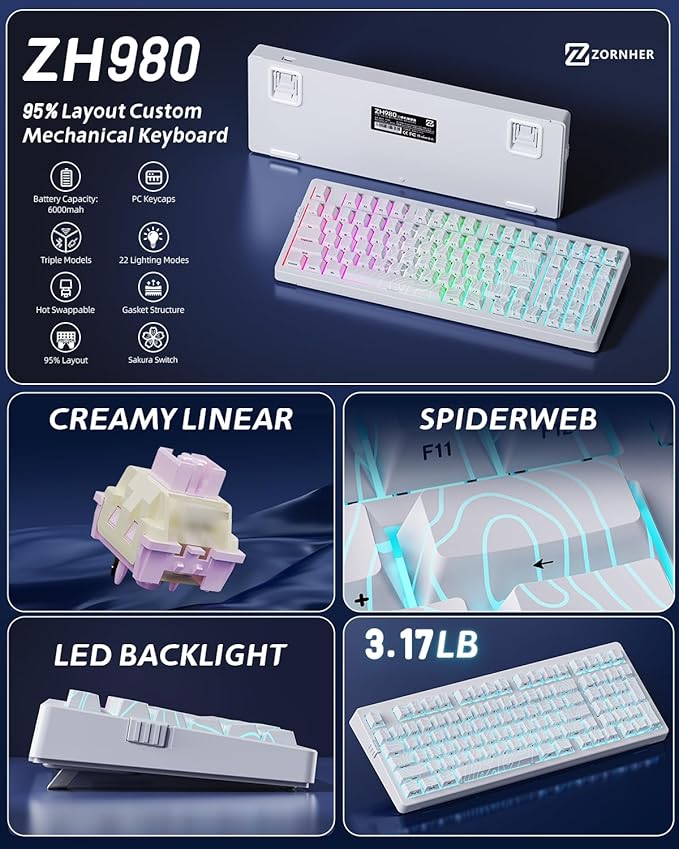 ZORNHER ZH980 Mechanical Keyboard Wireless,95% White Creamy Keyboard with Number Pad,Hot-Swappable Custom Gaming Keyboard,White Topographic Keycaps,Creamy Sounding Linear Switches,Full Size