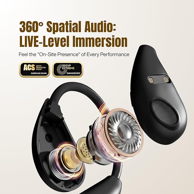Wireless Earbuds with Earhooks, Open Ear Bluetooth 5.3 Headphones for Work & Running, 60H Playtime, LED Display, IPX5 Waterproof, USB-C Charging (Black)