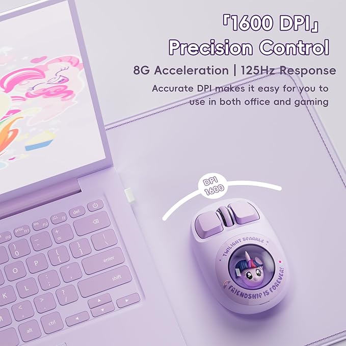 My Little Pony Wireless Mouse - Twilight Sparkle Edition, 3D Character Design Silent Click Mouse with 1600 DPI, Dual-Mode (2.4GHz/Bluetooth), Ergonomic for Mac/Windows